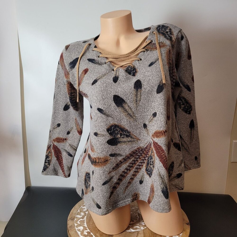 Coco Kelly - Feather Print Gray Long Top W/Tan Lace-Up Neck & Elbow Patches